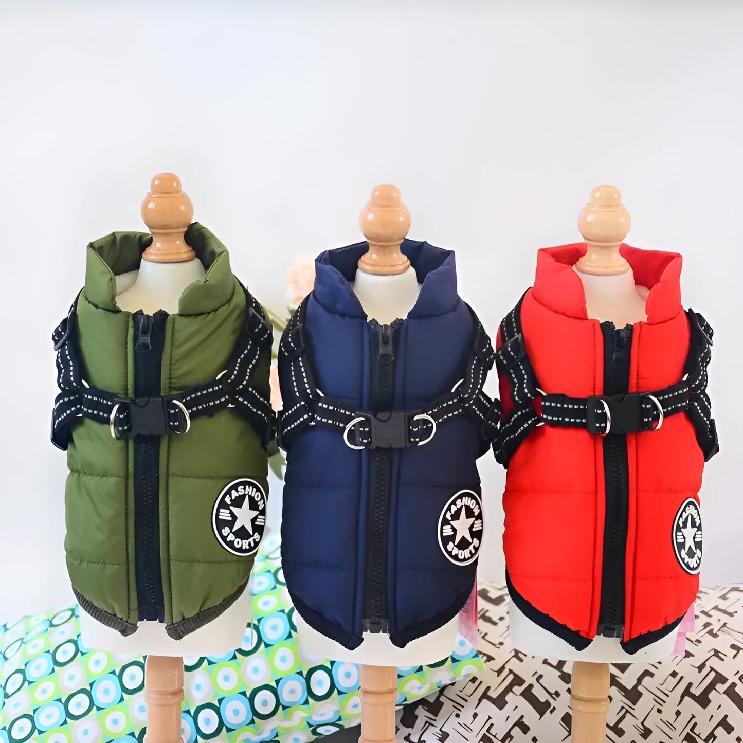 Waterproof dog coat with integrated harness in red colour, sized for medium dog breeds