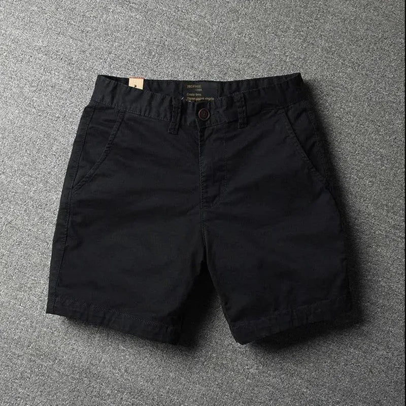Men's cotton loose shorts with straight-leg cut and zipper fly in multiple colour options