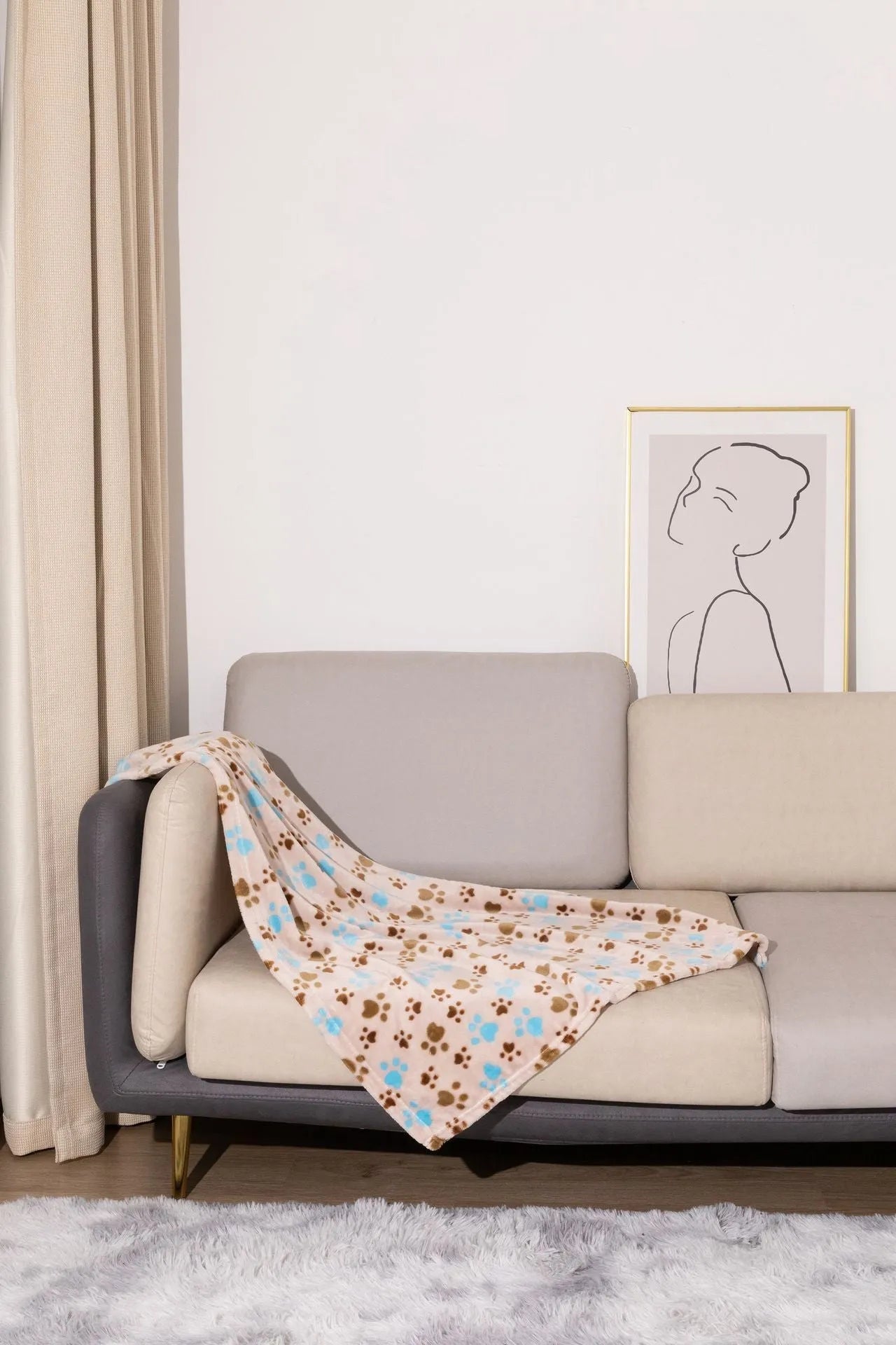 Blue dog cartoon print double-sided flannel pet blanket shown in a dog crate.