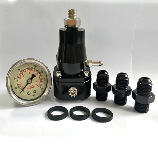 Black CNC aluminium fuel pressure regulator with adjustment port and oil return strap for automotive use.