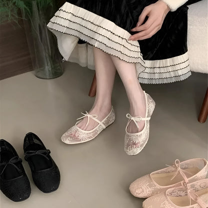 Women's flat heel Mary Jane evening shoes with lace mesh detailing and 3-5cm mid heel