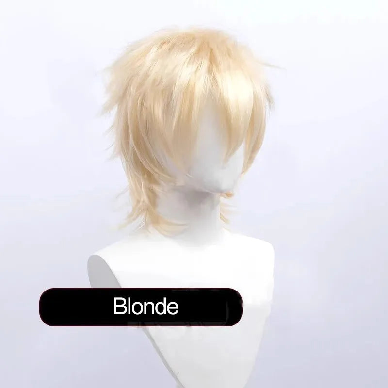 Short black anime-style cosplay wig for men with a lengthened hair tail, made from synthetic fibre.