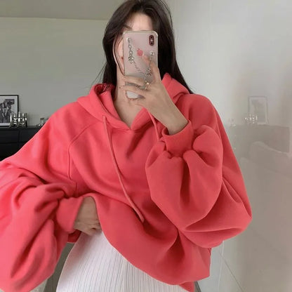 Women's loose hooded sweater in watermelon red mulberry silk, sleeveless design with solid colour, sizes S to 2XL
