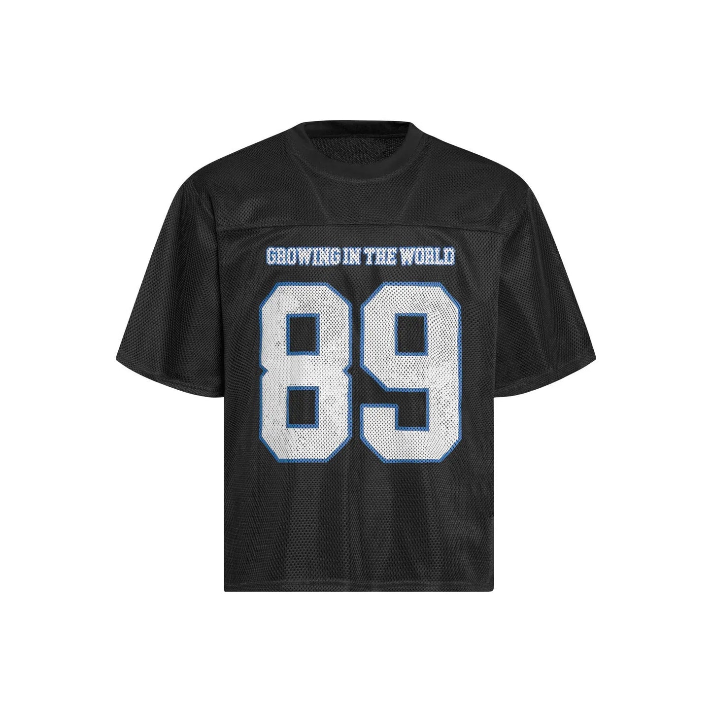 Man modelling a black loose-fitting T-shirt with a white alphanumeric graphic print on the chest.