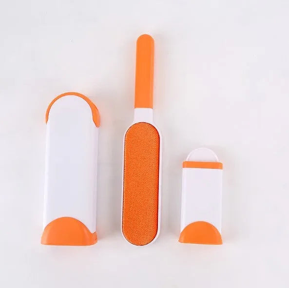 Blue reusable pet hair removal comb with sticky brush and self-cleaning base for sofas.