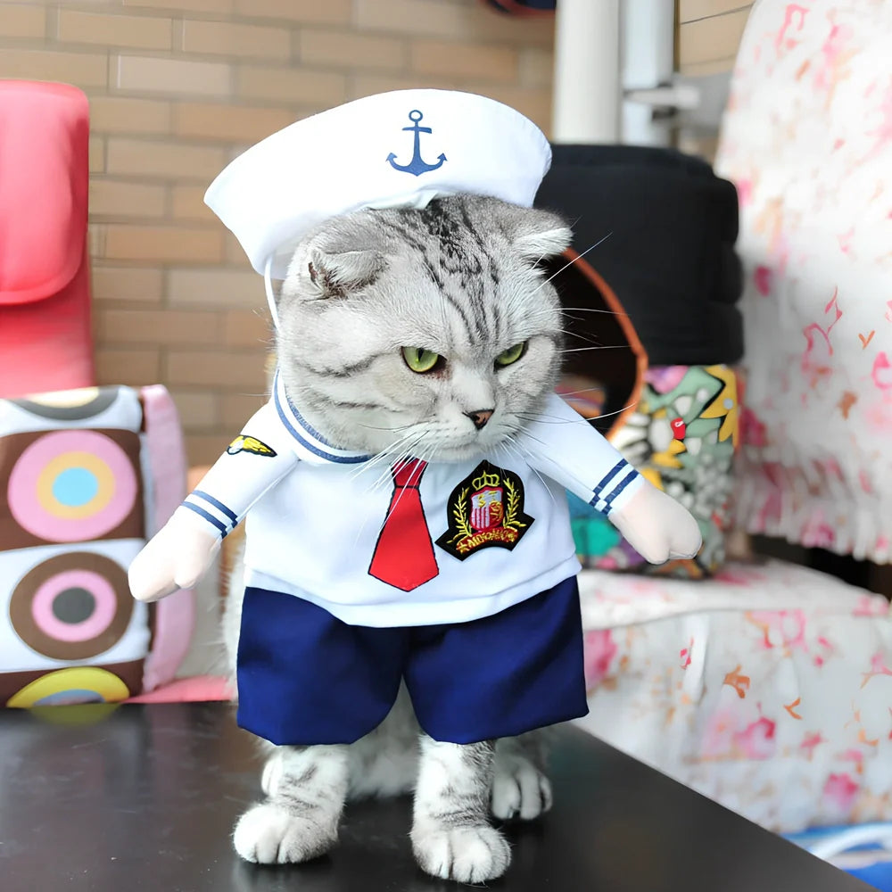 Polyester cat costume in character design with size label showing bust and neck measurements