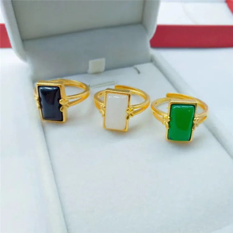 Adjustable brass ring with gold electroplating and inlaid gemstone in national style design