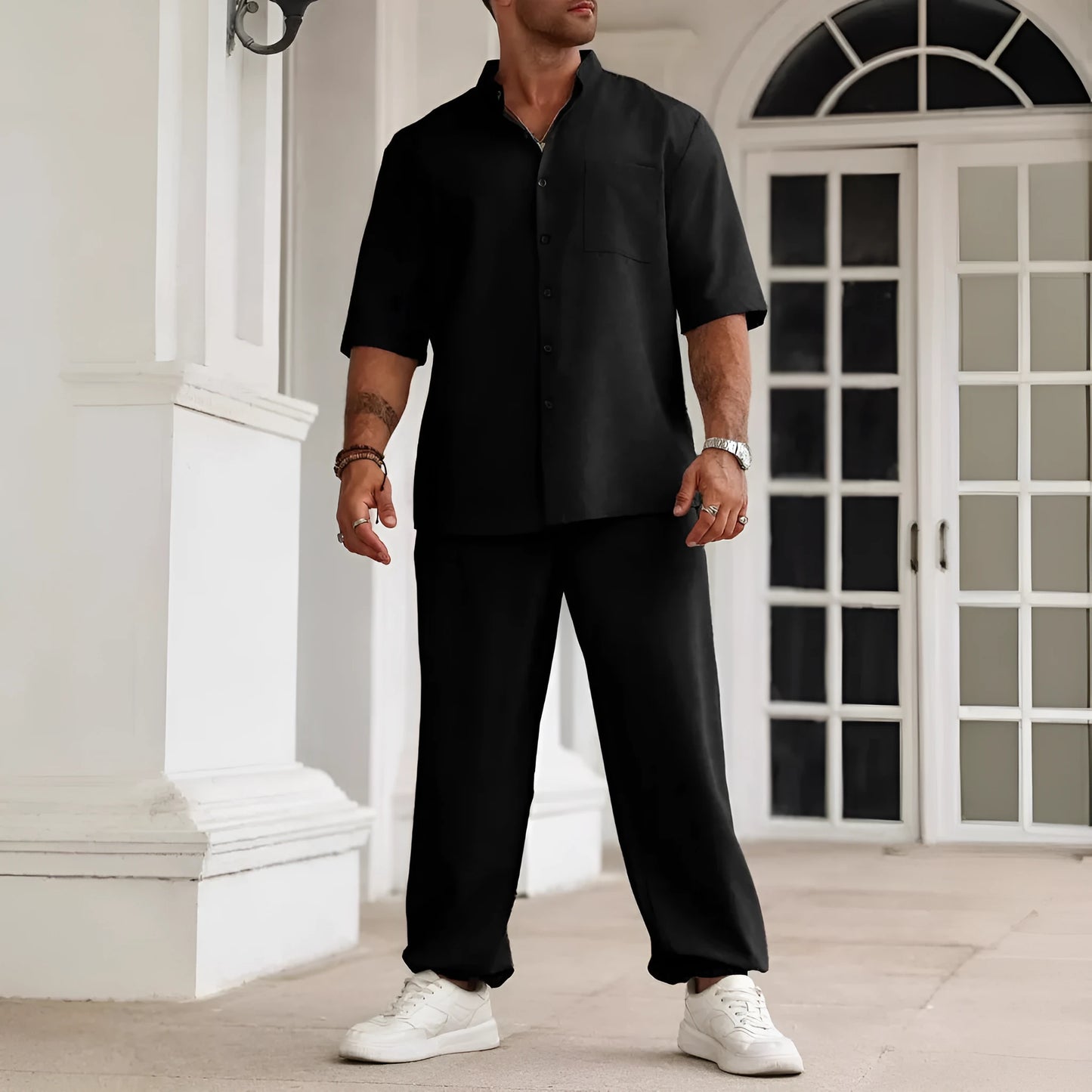 Men's casual short-sleeved button shirt and trousers set in cotton linen fabric