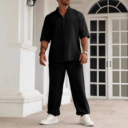 Men's casual short-sleeved button shirt and trousers set in cotton linen fabric