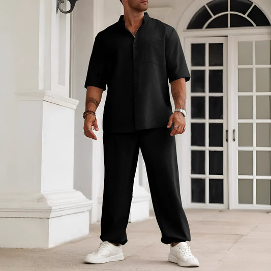 Men's casual short-sleeved button shirt and trousers set in cotton linen fabric