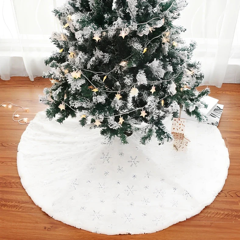 Christmas tree skirt with sequin embroidery and imitation rabbit fur trim in silver, gold, or colourful options