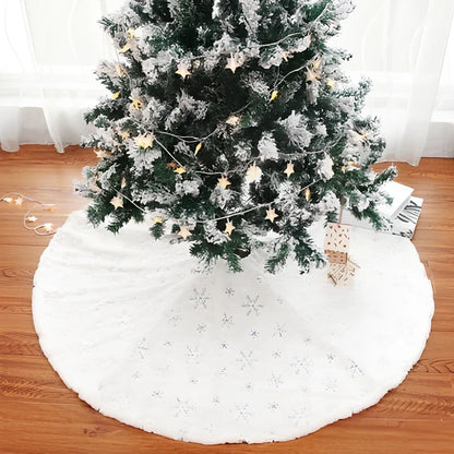 Christmas tree skirt with sequin embroidery and imitation rabbit fur trim in silver, gold, or colourful options