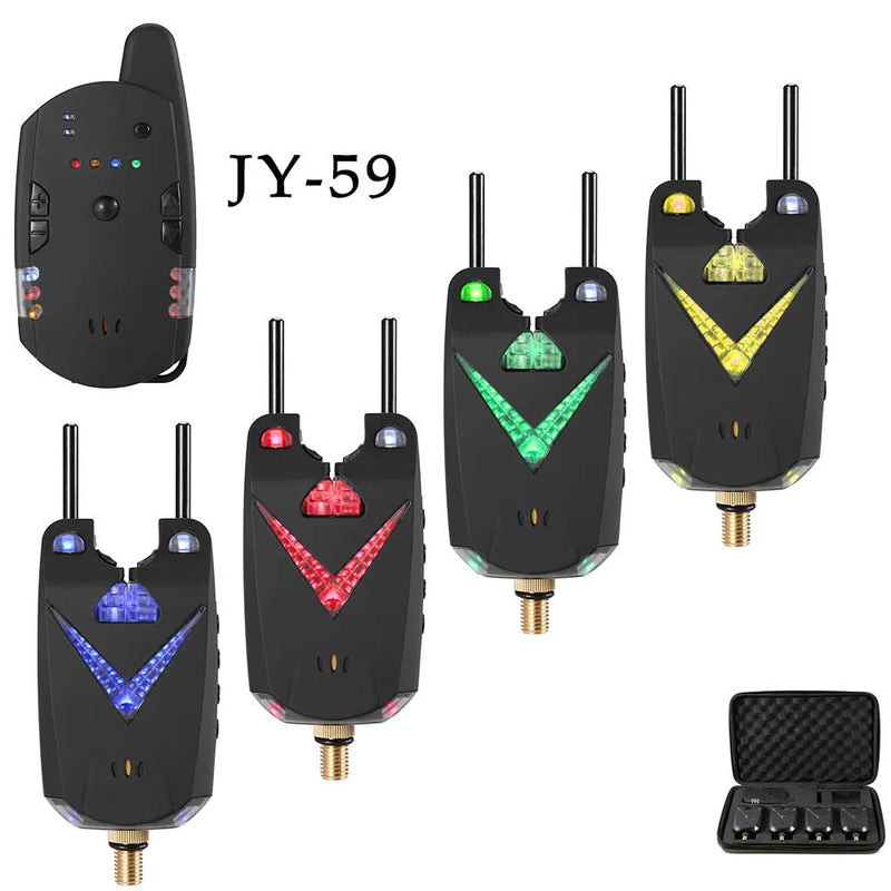 Wireless fishing electronic alarm system with ABS electronic components, available in one-for-four, one-for-three, and one-for-two drag receiver configurations for remote bite detection.