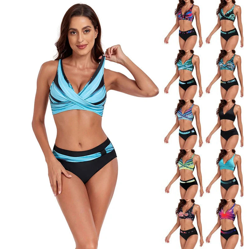 Beach Split Swimsuit Halter Bikini with unique printing pattern, available in multiple colors and sizes S-XXL