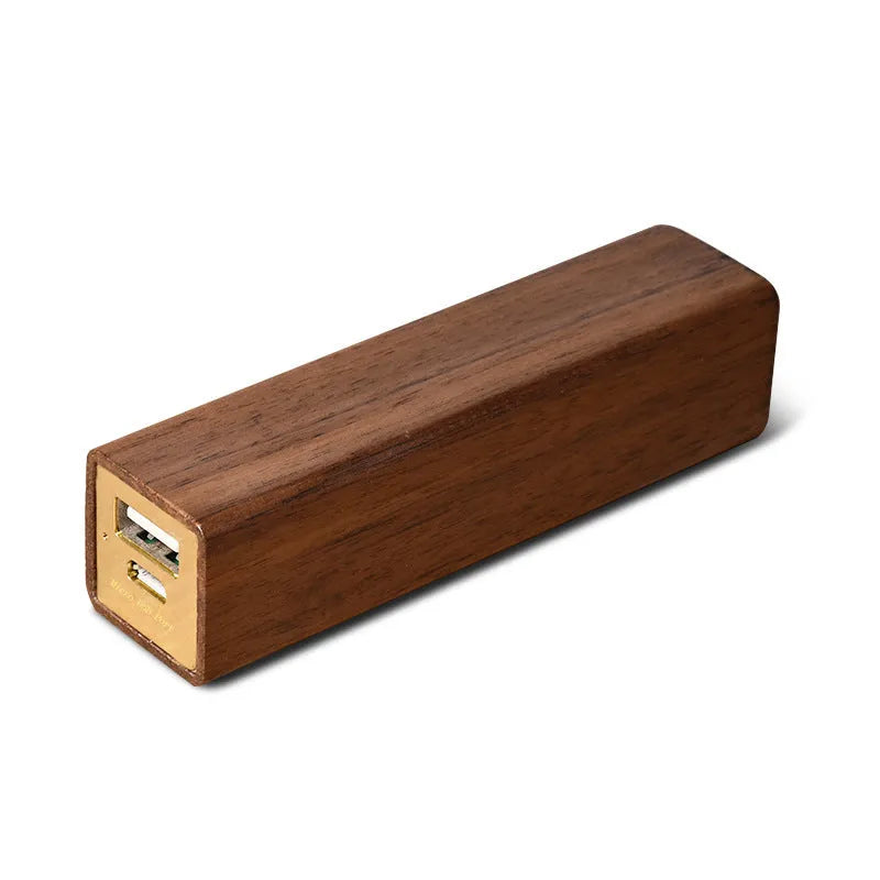 Brown walnut wood portable power bank with 2000mAh capacity showing compact rectangular design