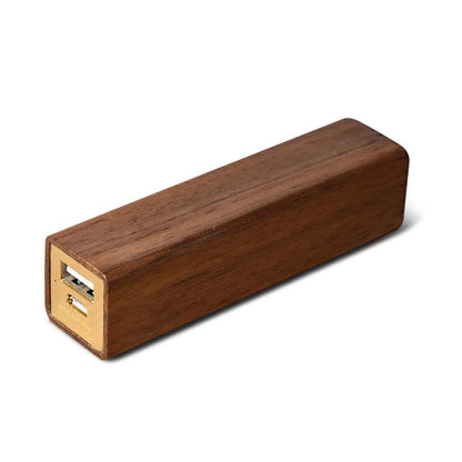 Brown walnut wood portable power bank with 2000mAh capacity showing compact rectangular design