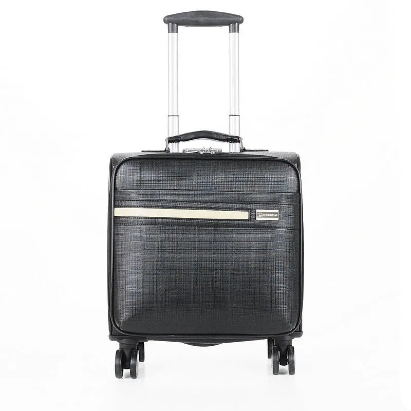 Black PU leather business case with lock, airplane wheels, and 18-inch height for secure document storage