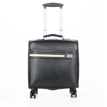 Black PU leather business case with lock, airplane wheels, and 18-inch height for secure document storage