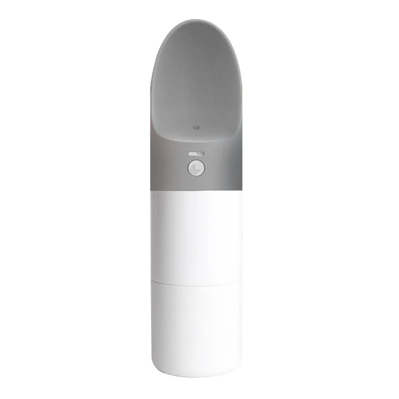 White and grey rocket-shaped pet water bottle with drinking outlet and lock button