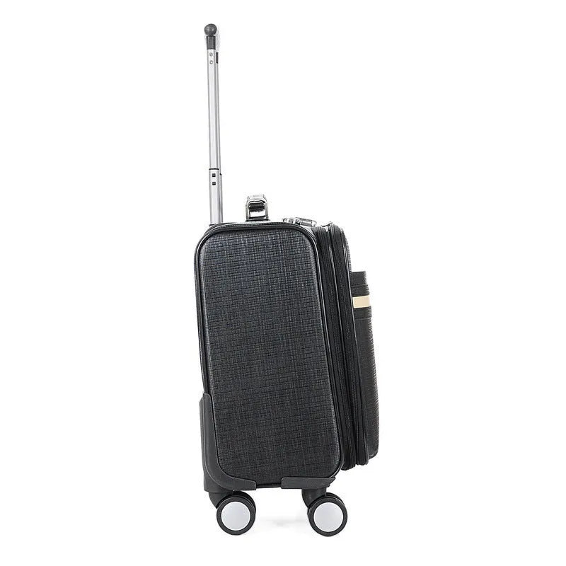Black PU leather business case with lock, airplane wheels, and 18-inch height for secure document storage