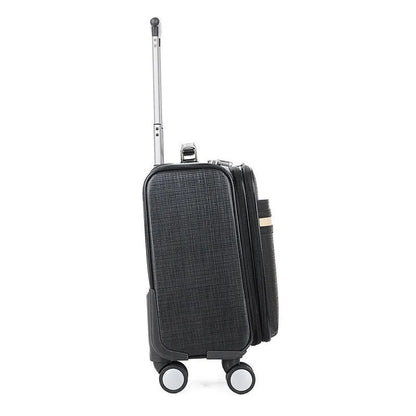 Black PU leather business case with lock, airplane wheels, and 18-inch height for secure document storage