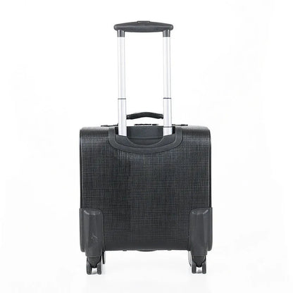 Black PU leather business case with lock, airplane wheels, and 18-inch height for secure document storage