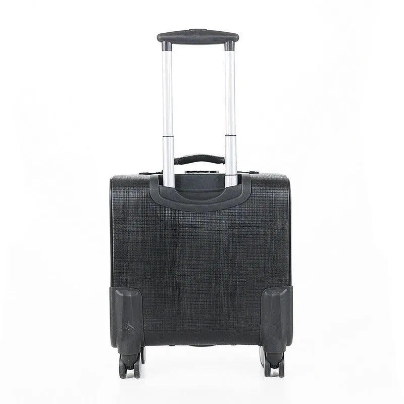 PU leather business case with 18-inch dimensions, featuring an airplane wheel design and polyester lining for durable travel organisation and secure document storage.
