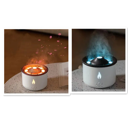 Colourful volcano-shaped cool mist humidifier with aromatherapy tray and flame-effect night light.