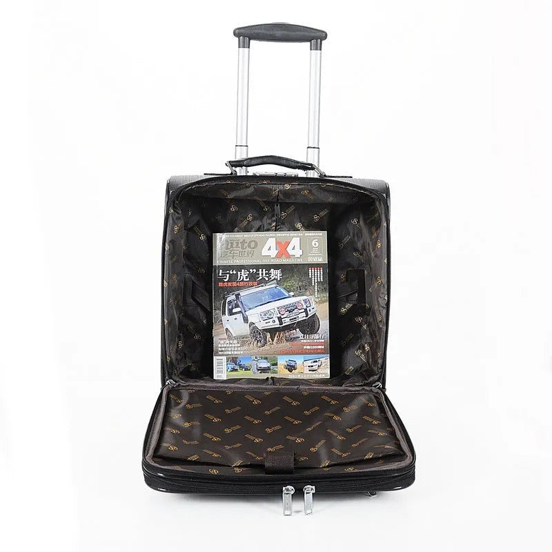 Black PU leather business case with lock, airplane wheels, and 18-inch height for secure document storage