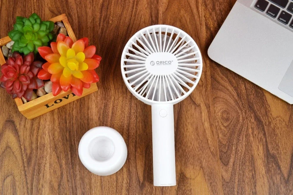 White ORICO FH1 USB rechargeable desk fan with fine-line detailing showing compact 215mm design