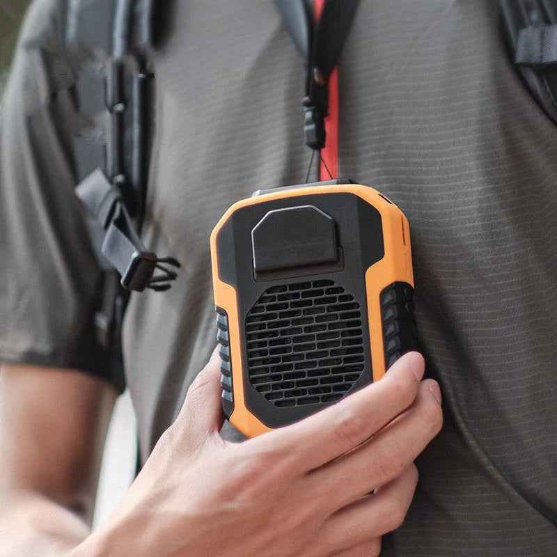 Portable waist fan with USB charging in green, black, and orange colors