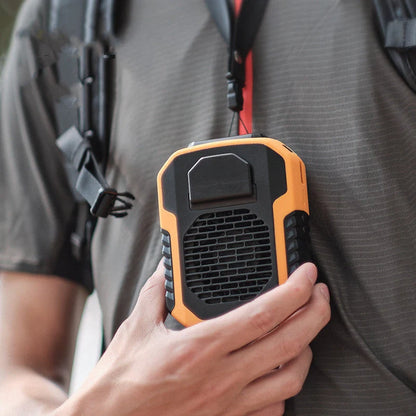 Portable waist fan with USB charging in green, black, and orange colors