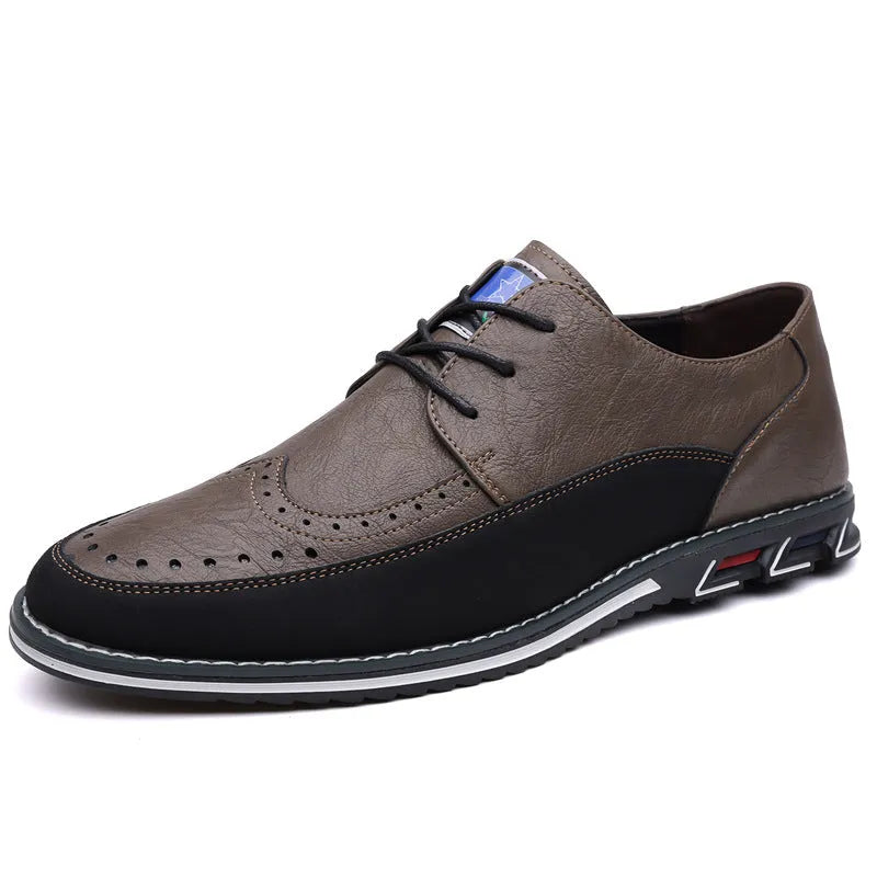 Men's black leather casual shoes with a leather toe cap and rubber sole on a white background.