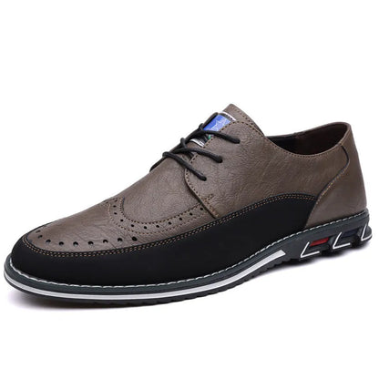 Men's black leather casual shoes with a leather toe cap and rubber sole on a white background.