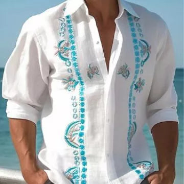 Men's casual long sleeve shirt with unique totem print, available in multiple colors and sizes.