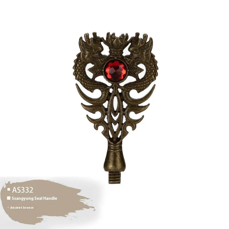 Wooden wax seal handle tool in various designs including lily, pearl cloud, and double dragon styles.