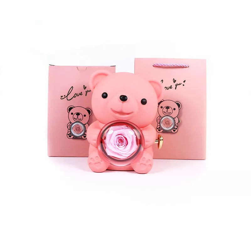 Eternal Rose Teddy Bear Jewelry Box with rotating drawer and preserved rose