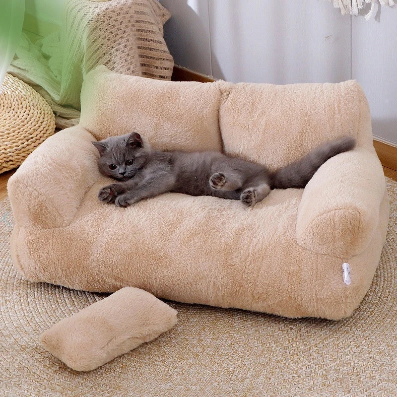 Cozy cat bed sofa with plush backrest, anti-slip base, and included pillow for small to medium pets