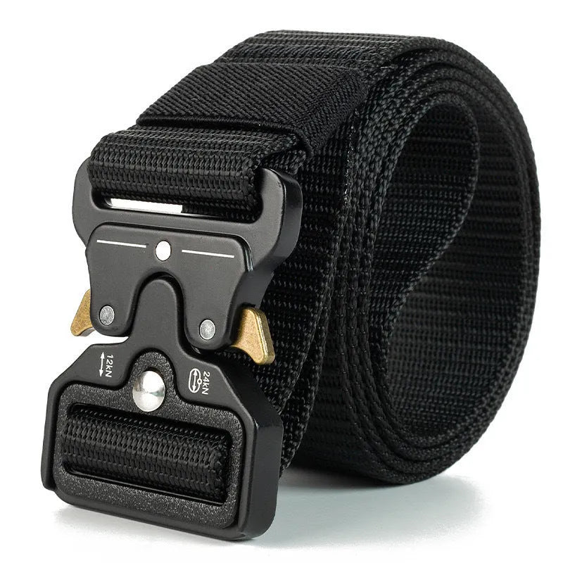 Men's thick canvas tactical belt with an alloy release buckle, shown in Army Green colour.