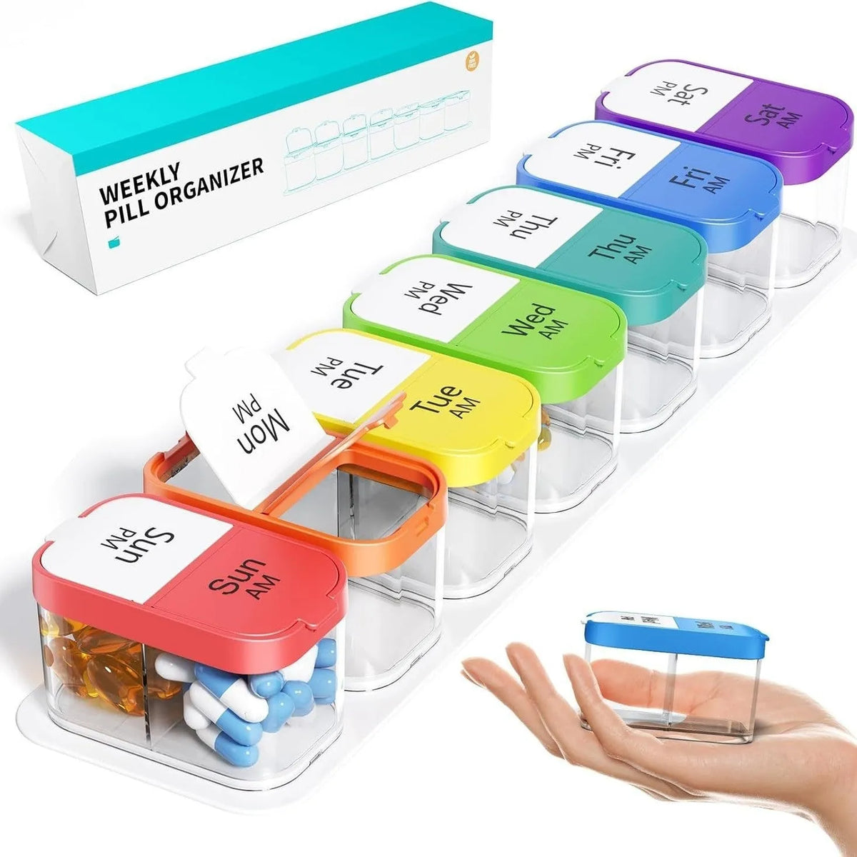 White and rainbow PP plastic pill box with 14 removable grids, showing 327mm length and detached compartments