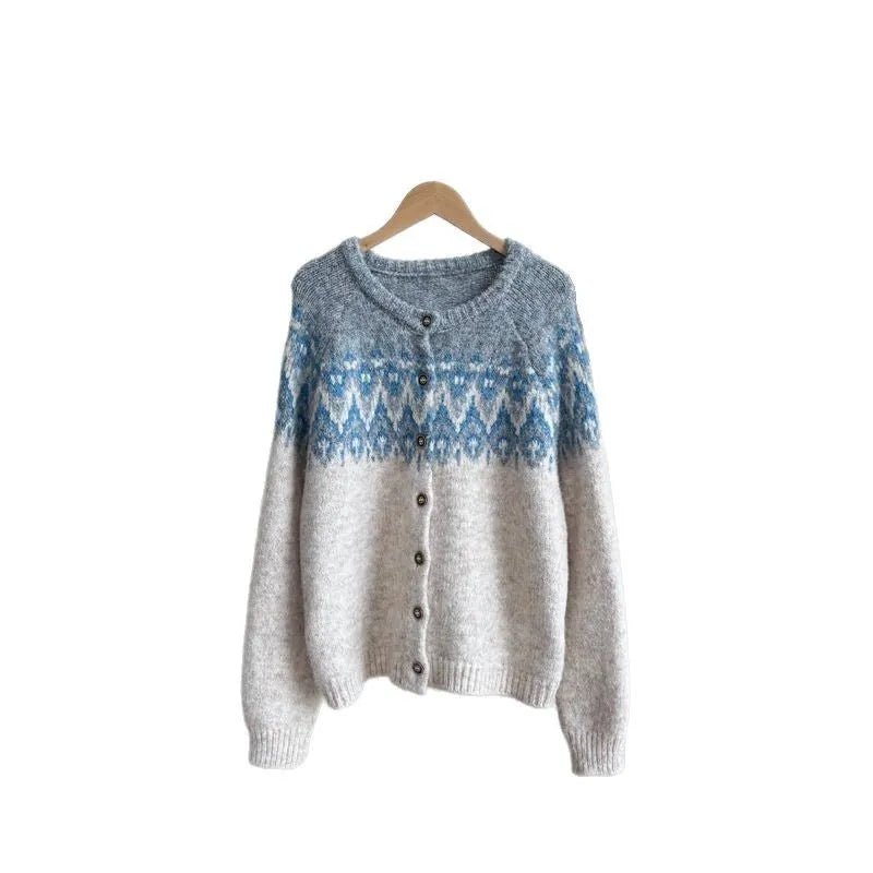 Women's contrast colour jacquard thickened sweater coat in loose fit with long sleeves, available in milky white, brown, or navy blue