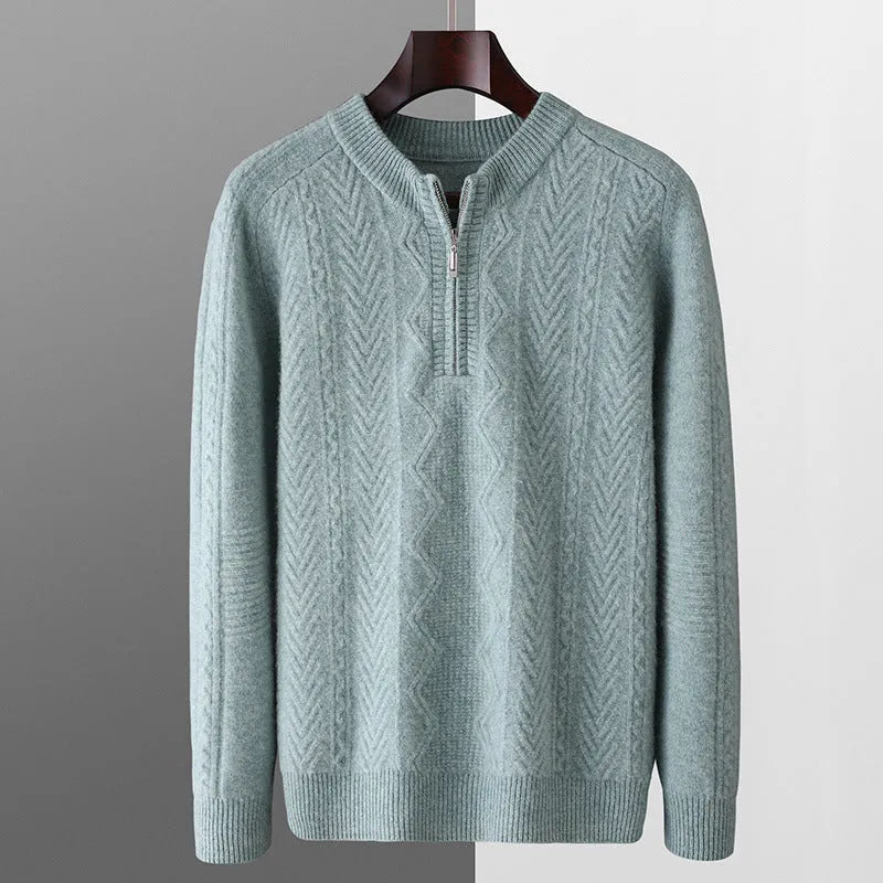 Men's diamond lattice pattern wool sweater with half zipper in dark blue colour