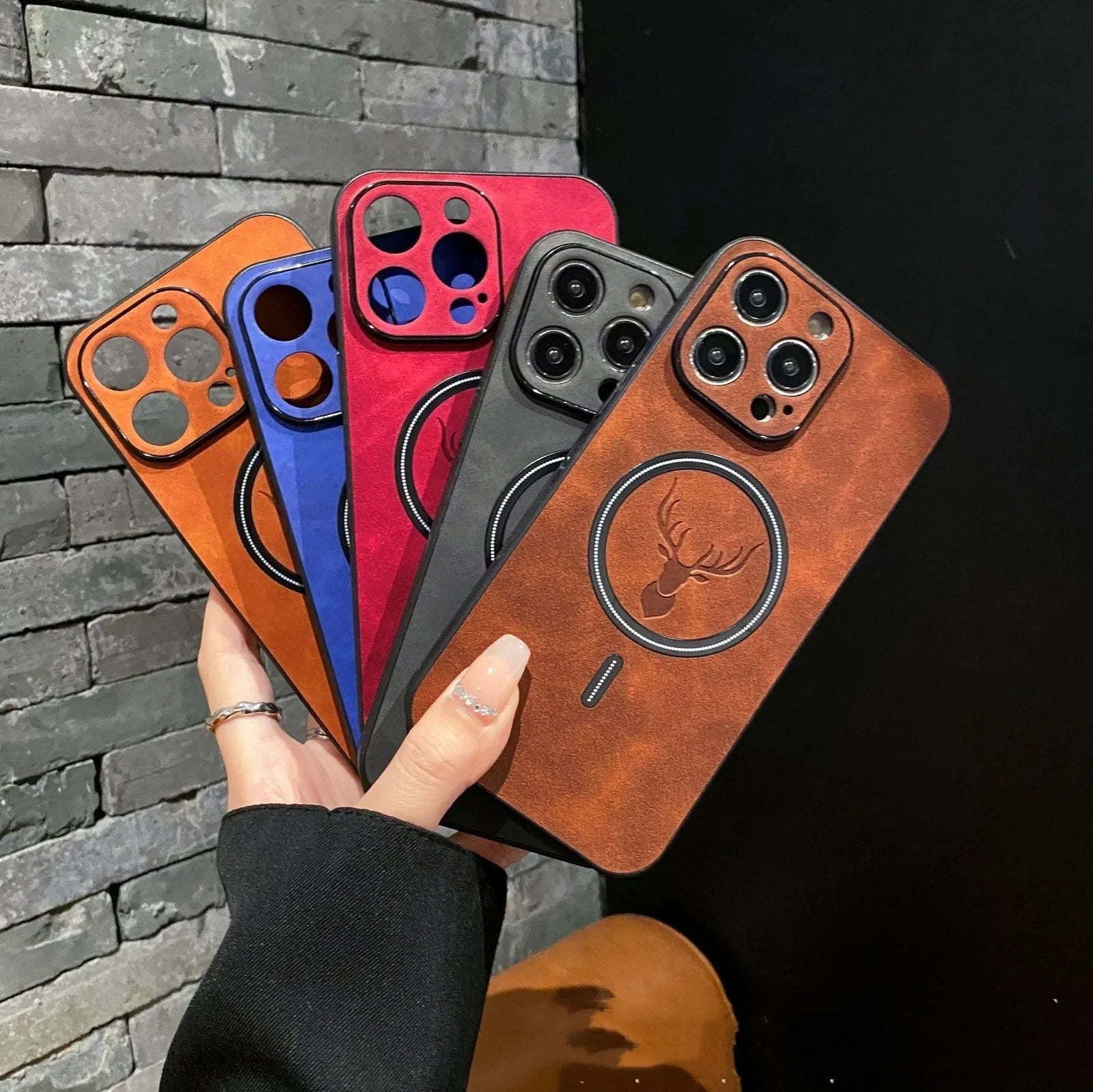 Elk magnetic suction phone case with cartoon design showing magnetic closure and imitation leather texture