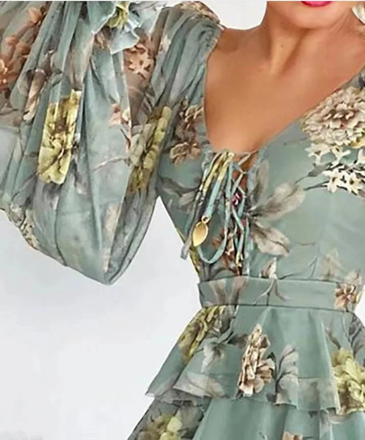 Women's green lace-up ruffled V-neck waist dress with long sleeves