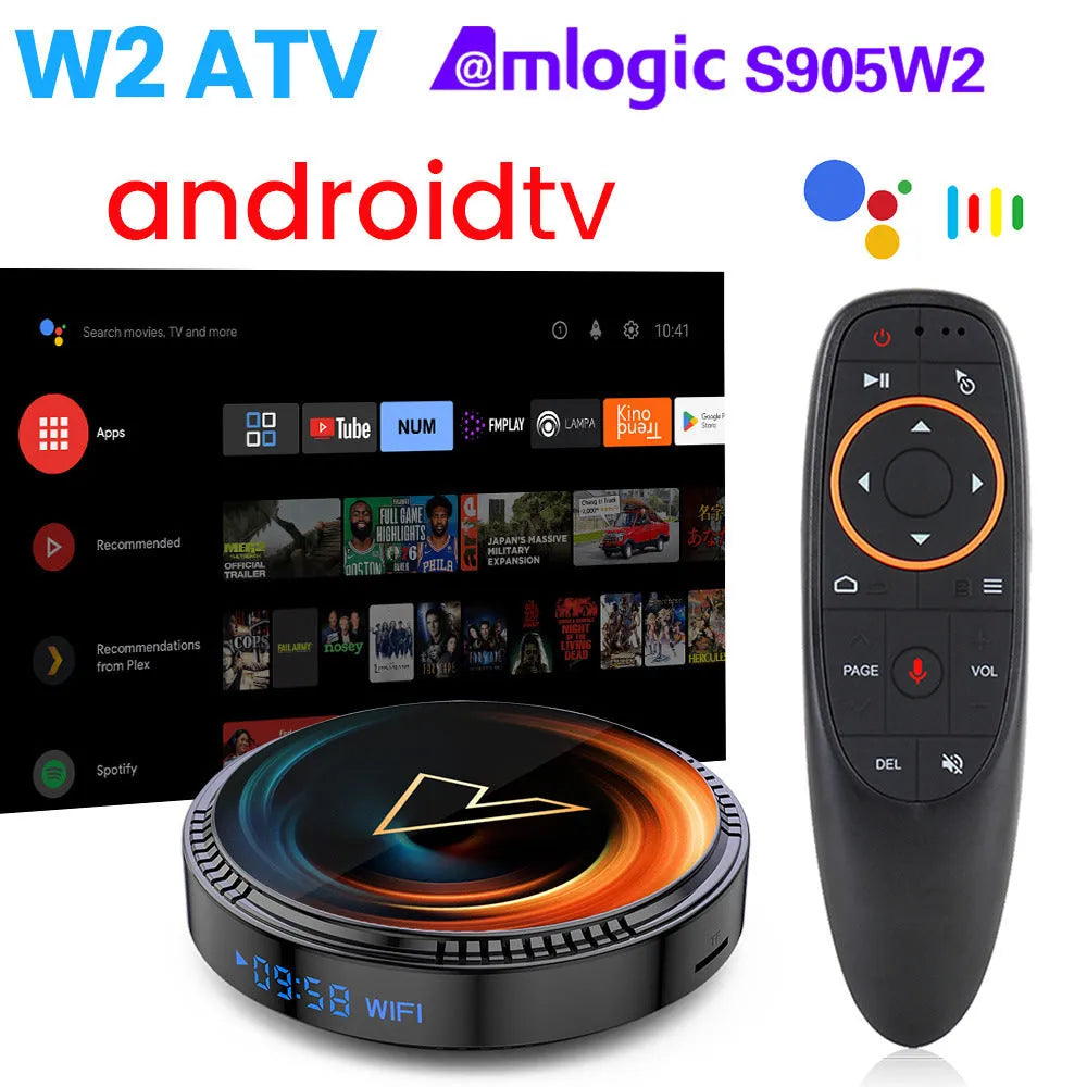 Black W2 ATV Android TV Box with AndroidTV 11, Amlogic S905W2, dual WiFi, HDMI 2.1, and 2.4G remote control