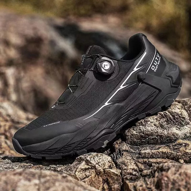 Outdoor mountaineering sneakers in black, camel, and silver with waterproof and breathable features
