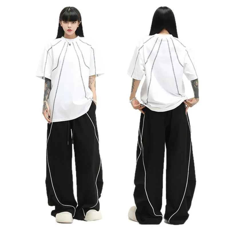Black stripe pattern pleated hip hop sports wide-leg trousers with mid-waist fit
