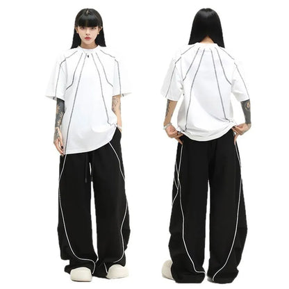 Black stripe pattern pleated hip hop sports wide-leg trousers with mid-waist fit