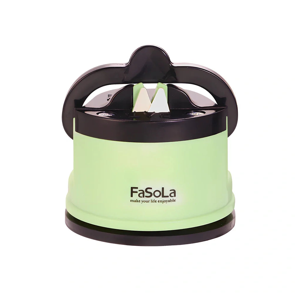 Fixed angle whetstone bar sharpener with tungsten steel slots and arrow indicators on mustard green ABS housing