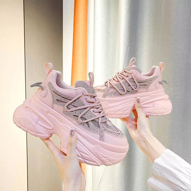 Women's summer mesh breathable sneakers in black, white, and pink with mid heel